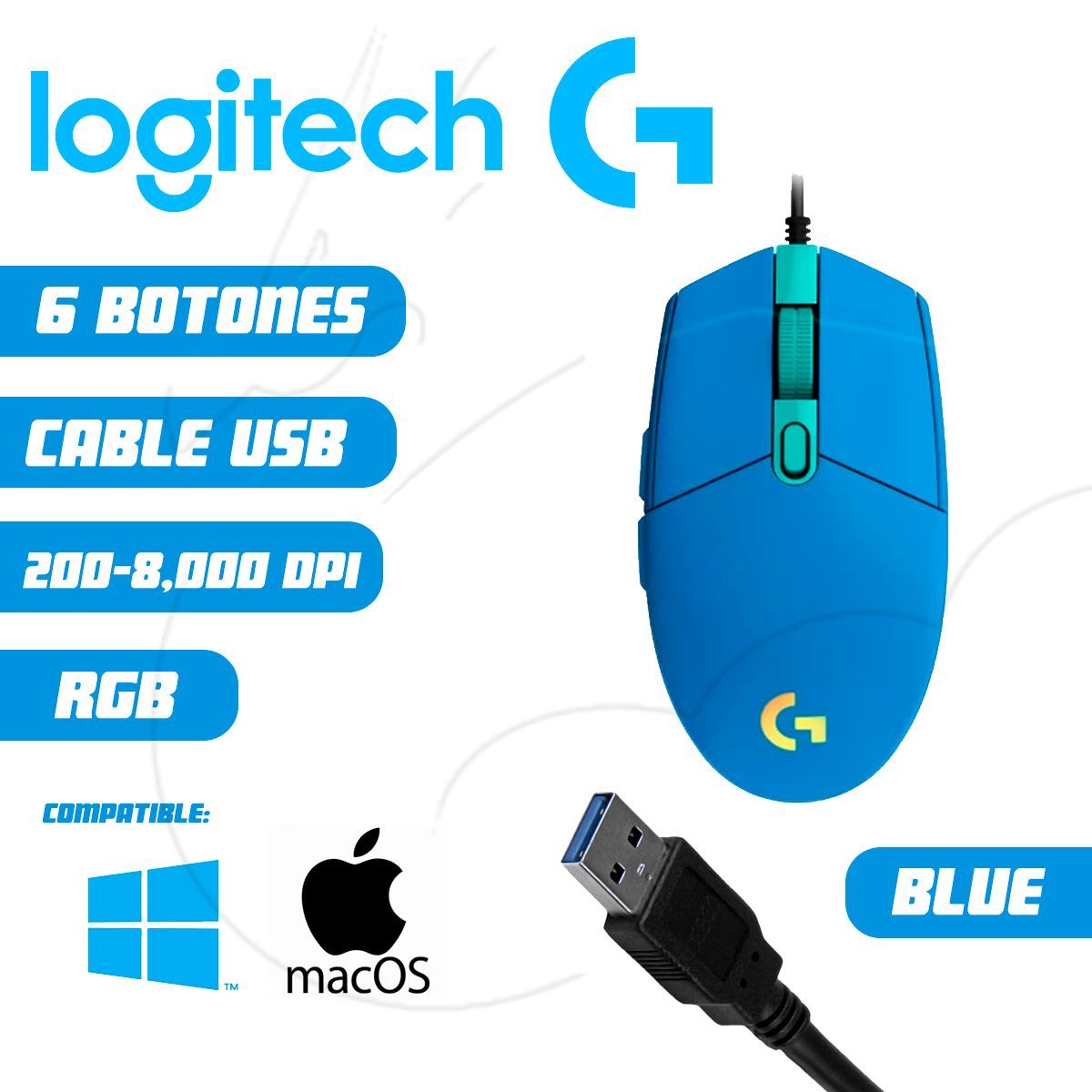 LOGITECH - Mouse Logitech G203 6 Botones RGB DPI 8000 BLUE