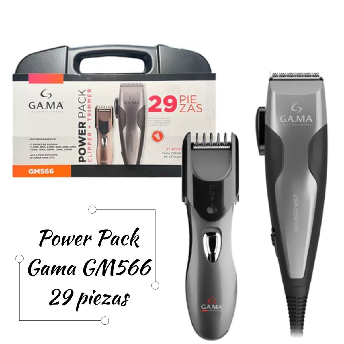GAMA - Maquina de Cortar Cabello Gama Power PACK GM566 29 PIEZAS 220V