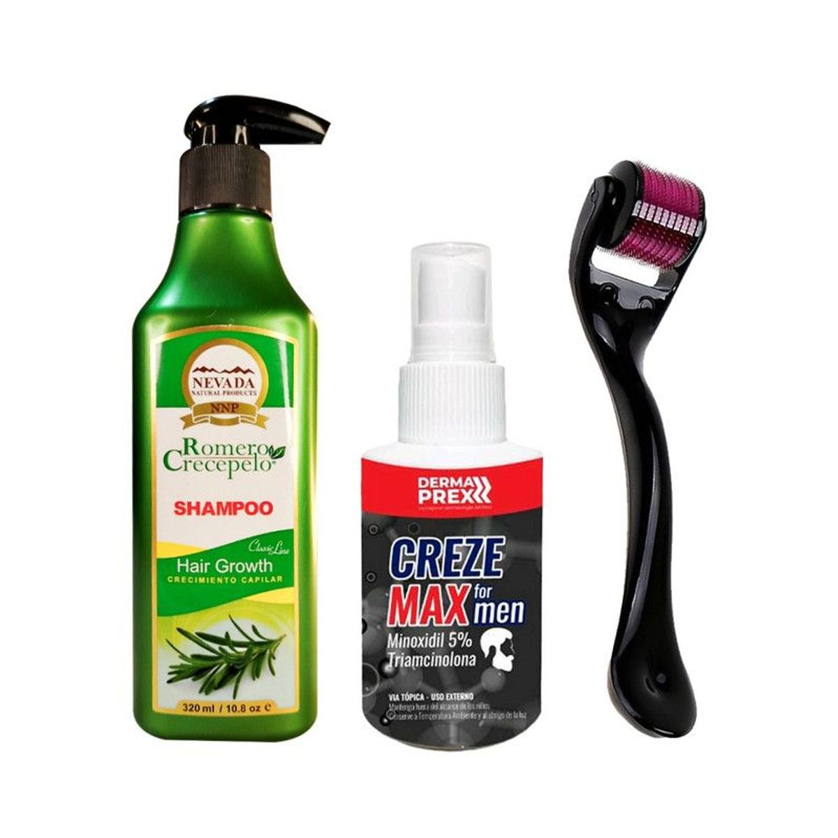 NEVADA NATURAL PRODUCTS - Shampoo Romero Crecepelo + Creze Max For Men + Derma Roller