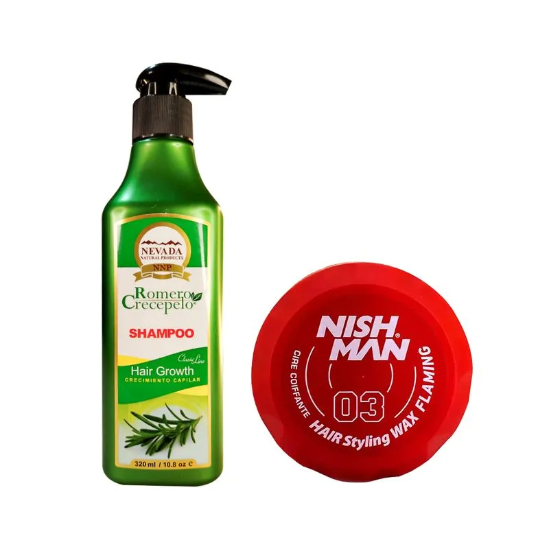 NEVADA NATURAL PRODUCTS - Shampoo Romero Crecepelo 320ml + Cera Fijadora 03 Nishman