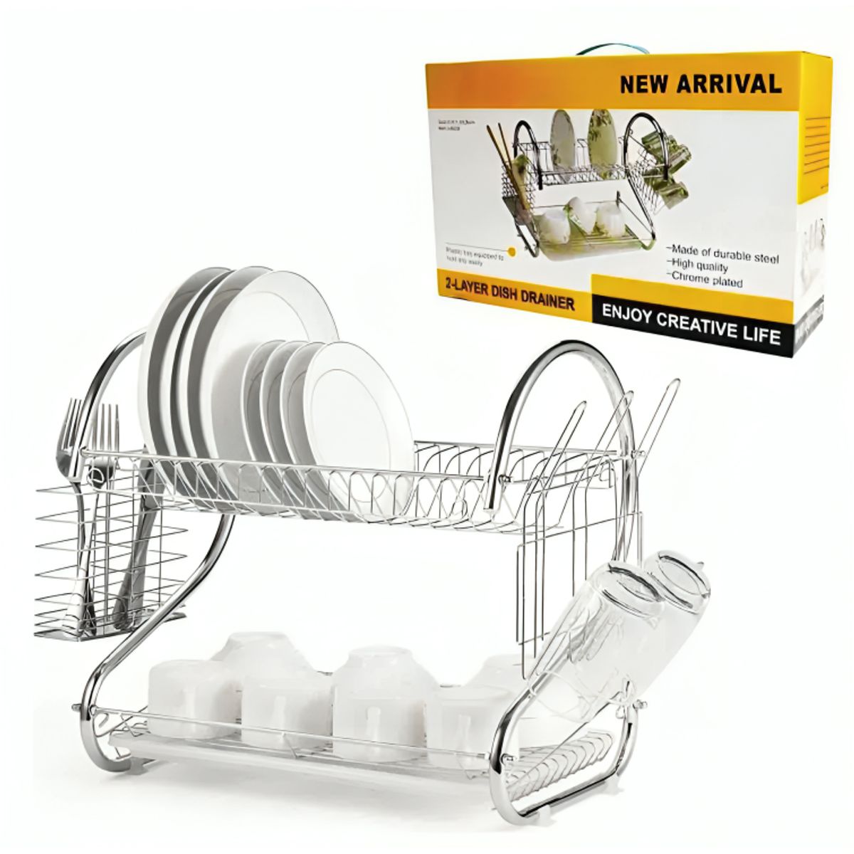 GENERICO - Rack Escurridor 2 Niveles para Vasos y Cubiertos Moderno Plateado
