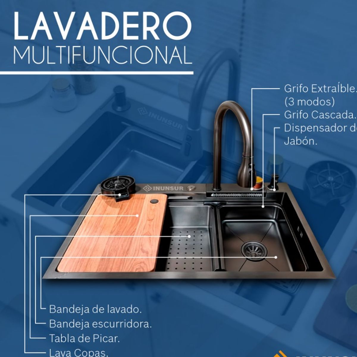 GENERICO - Lavadero Multifuncional de Cocina Acero Negro Inoxidable S304