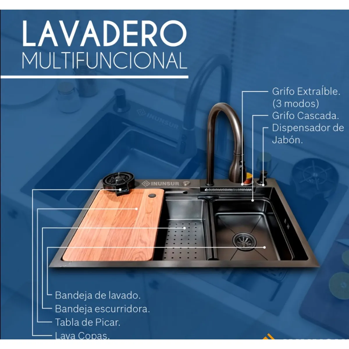 GENERICO - Lavadero Multifuncional de Cocina Acero Negro Inoxidable S304