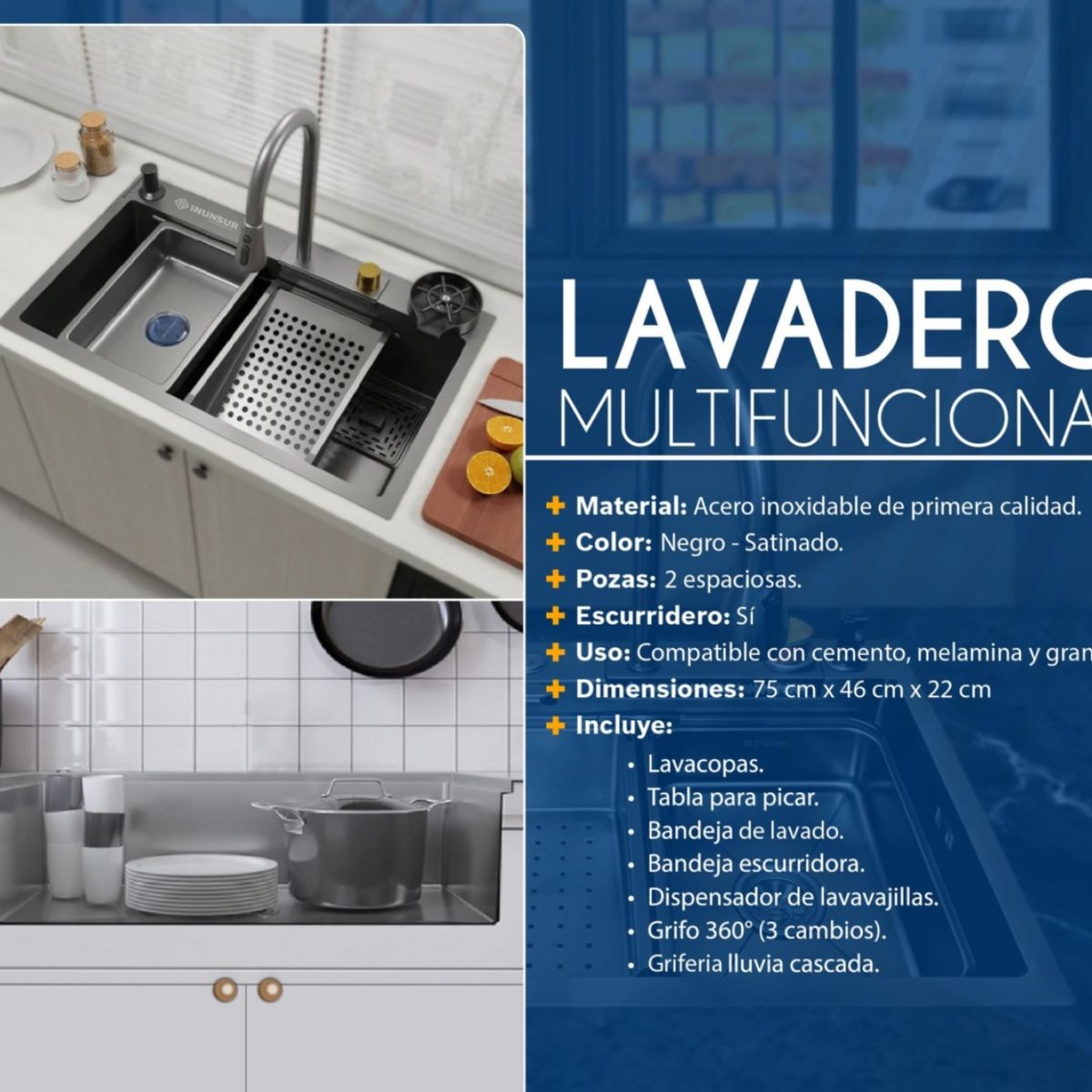 GENERICO - Lavadero Multifuncional de Cocina Acero Negro Inoxidable S304