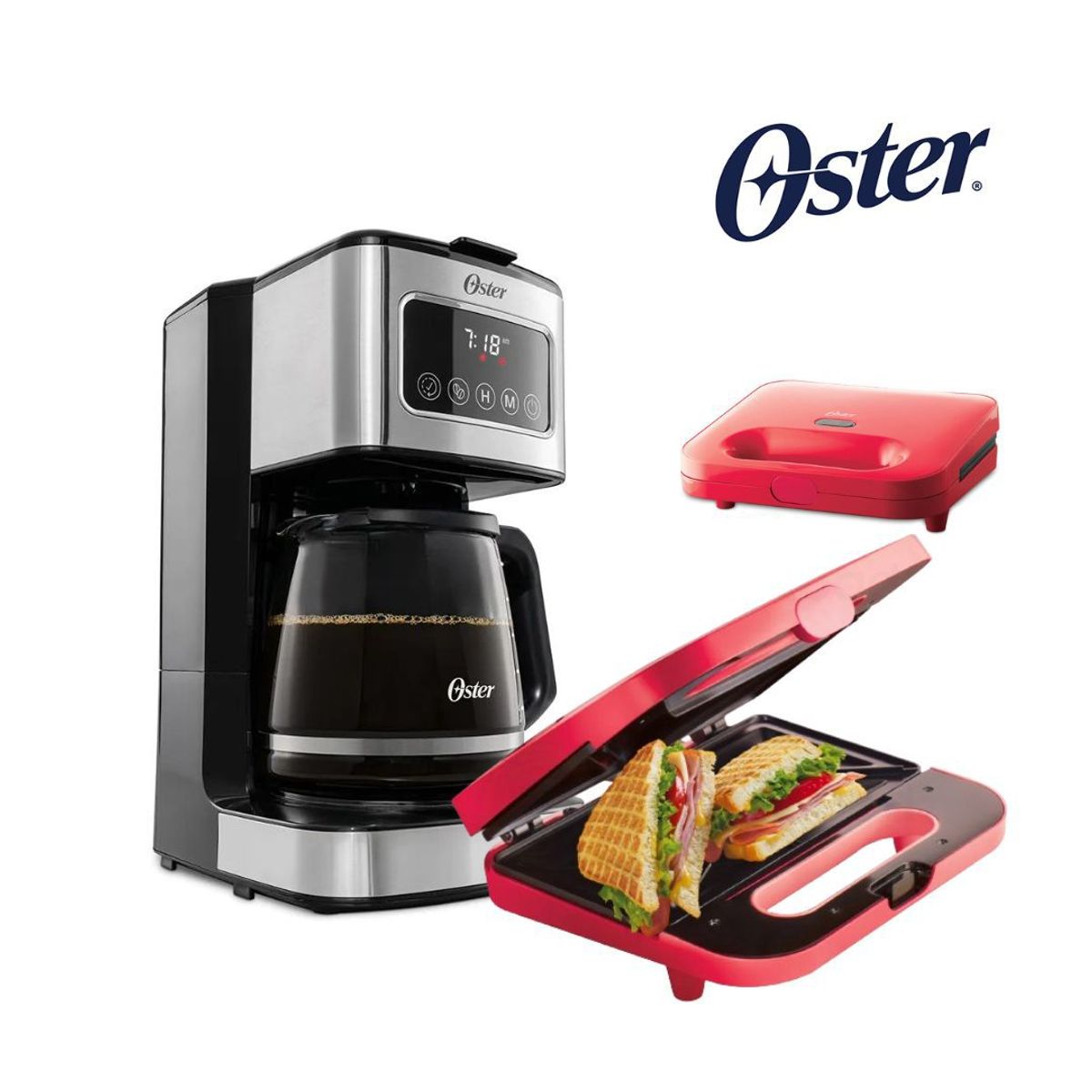 OSTER - COMBO OSTER Cafetera de 12 tazas pantalla táctil + Sandwichera 2885M