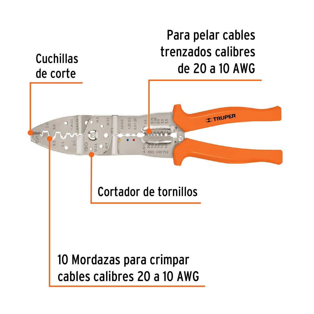 TRUPER - Alicate 10" (25cm) 20 a 10 AWG Pelacable Pela Cable 17358 Truper