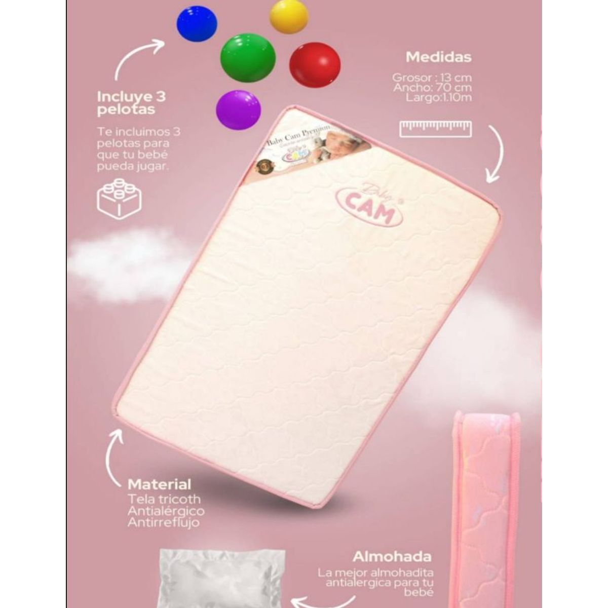 CAM - Colchon para Cuna Largo 1.10cm x13 grosor x 70 ancho