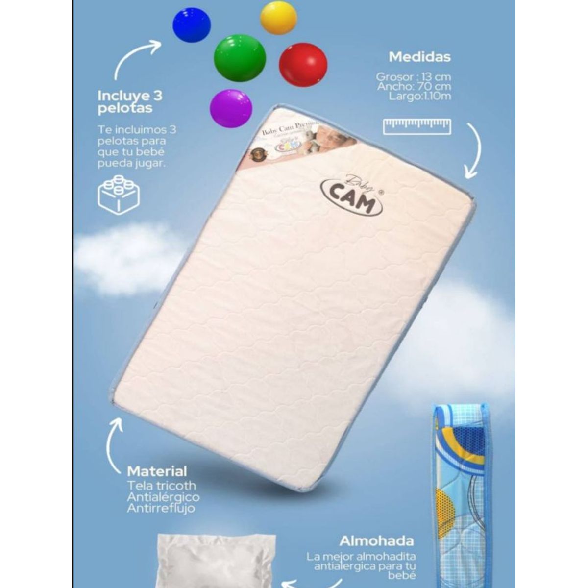 CAM - Colchon para Cuna Largo 1.10cm x13 grosor x 70 ancho