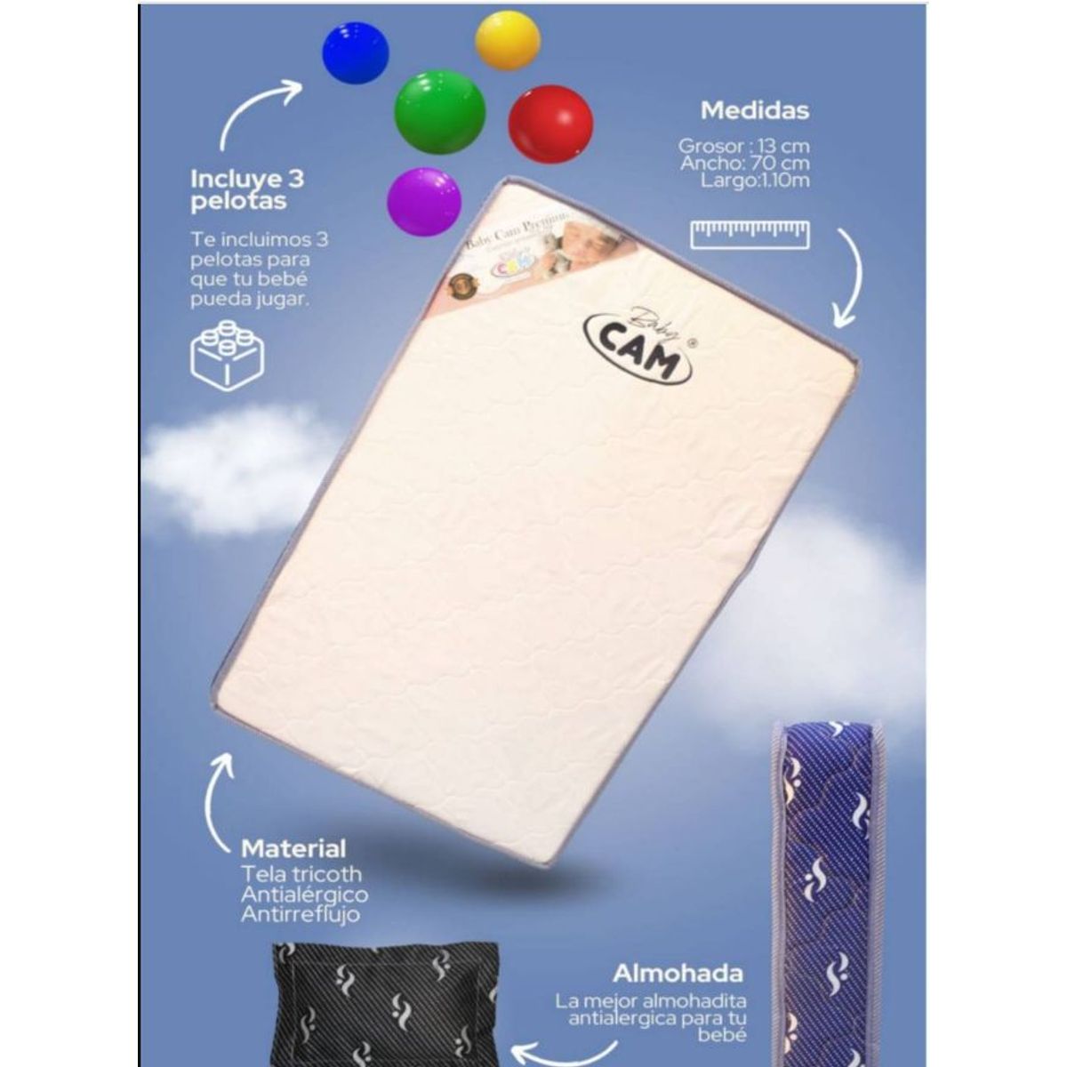CAM - Colchon para Cuna Largo 1.10cm x13 grosor x 70 ancho