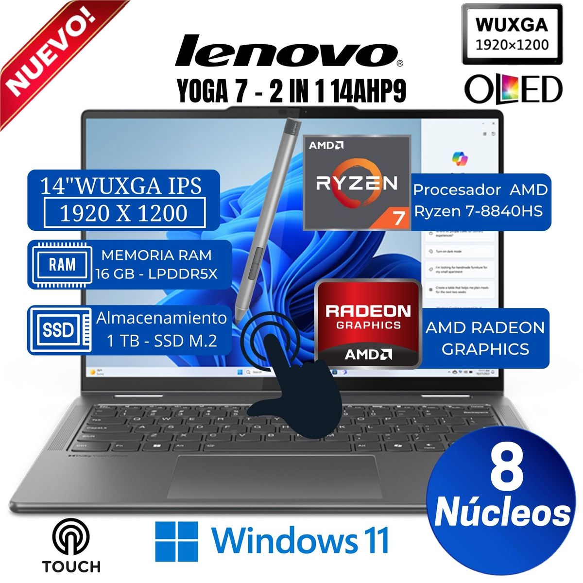 LENOVO - Laptop Lenovo Yoga 7 2-in-1 14AHP9 14”WUXGA OLED, Táctil, Ryzen 7-8840HS, Ram 16GB, Ssd 1TB, Win 11