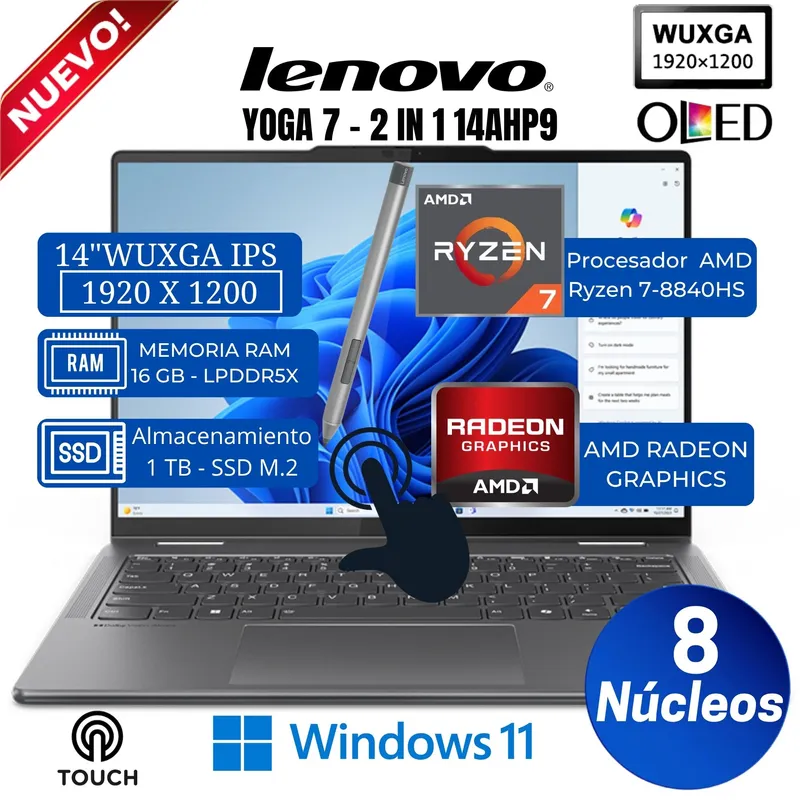 LENOVO - Laptop Lenovo Yoga 7 2-in-1 14AHP9 14”WUXGA OLED, Táctil, Ryzen 7-8840HS, Ram 16GB, Ssd 1TB, Win 11