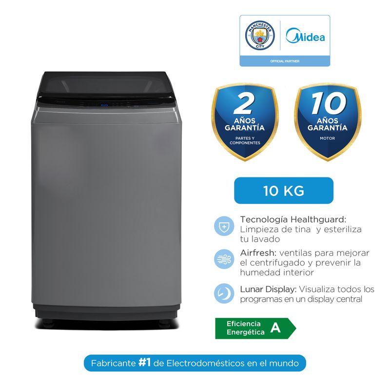 MIDEA - Lavadora Automática MA200W100G-PE Carga Superior  Midea 10KG Gris
