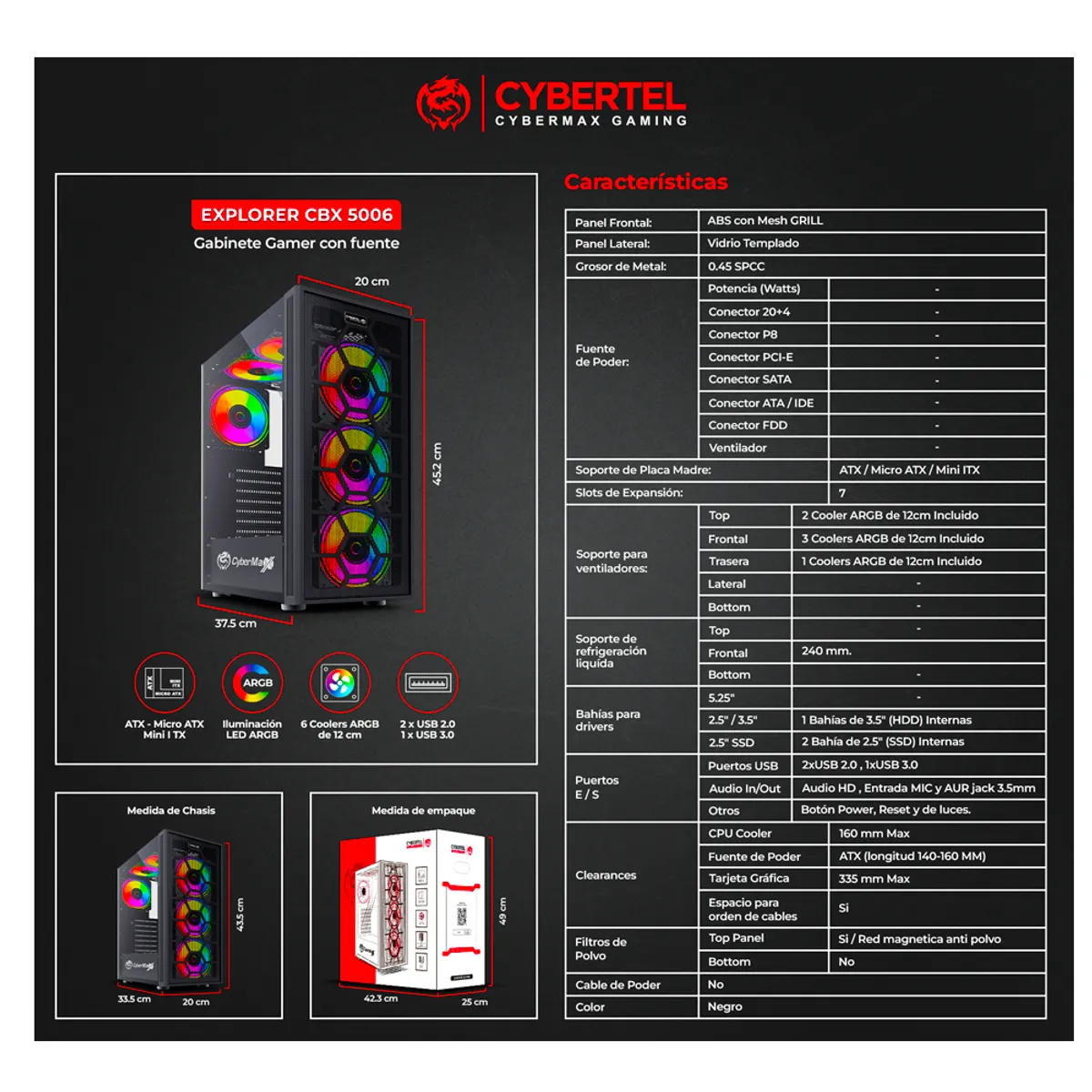 CYBERTEL - Case Gamer Cybertel Killer Cbx 5016 4 Fan Rgb Doble Ring 3.0 Gabinete