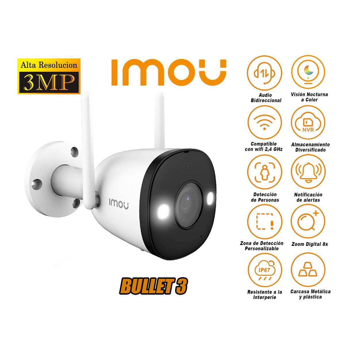 IMOU - Cámara de Seguridad Wi-Fi BULLET 3 2K 3MP Exterior Noche Color