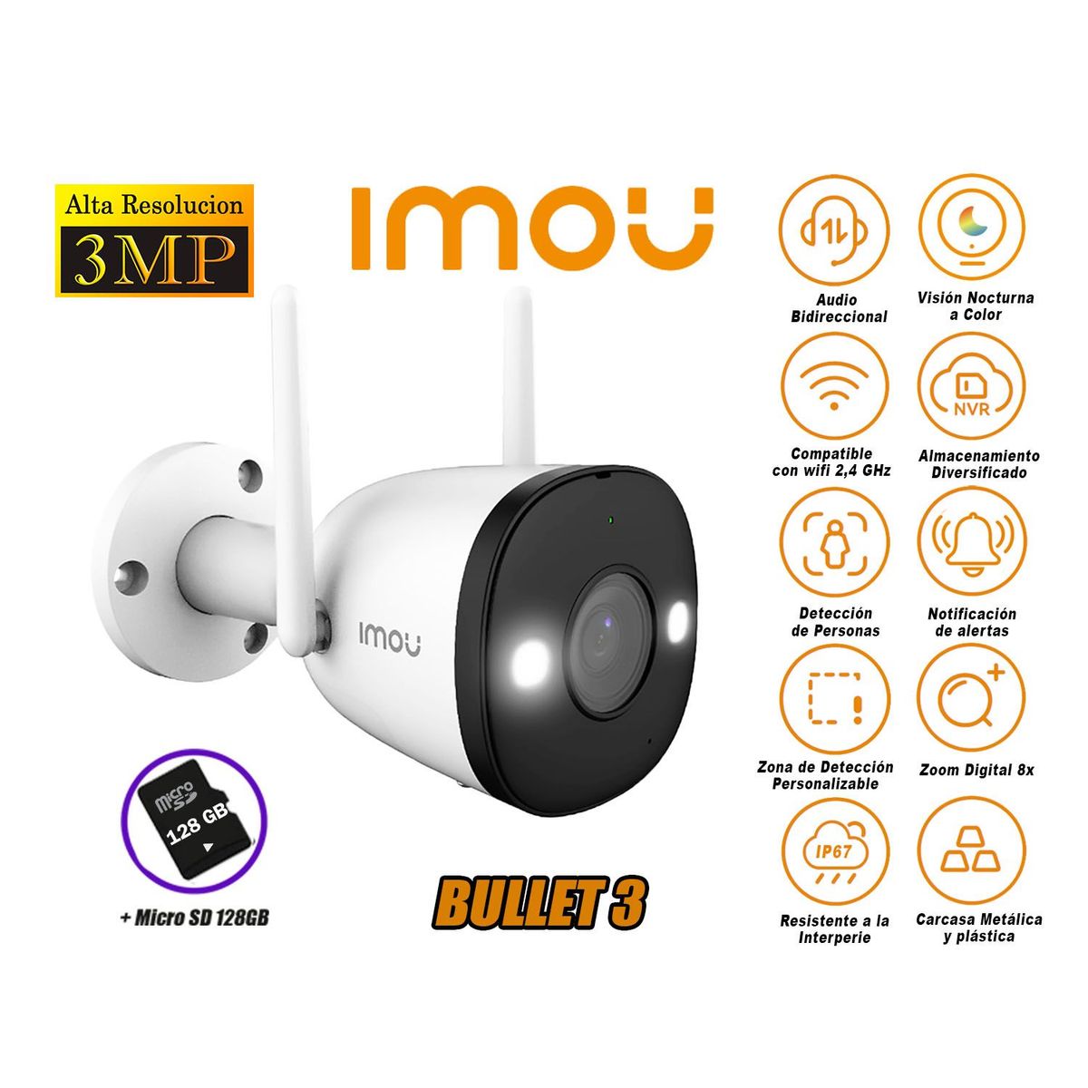 IMOU - Cámara Seguridad Wi-Fi BULLET 3 2K 3MP Exterior Noche Color + 128GB