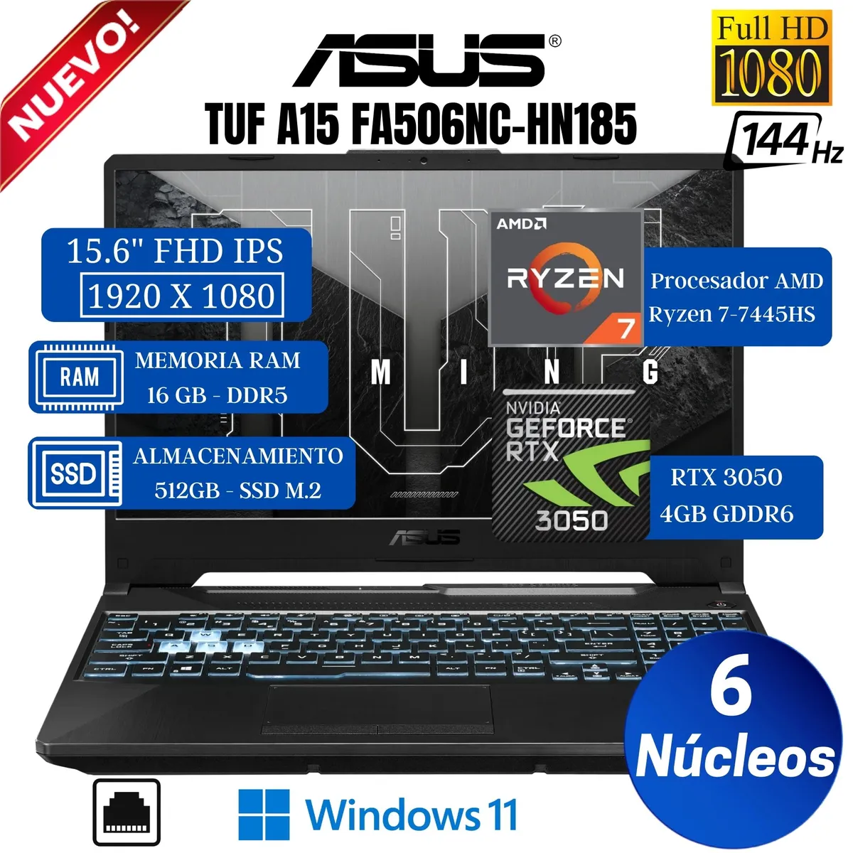 ASUS - Laptop Asus Tuf Gaming A15 FA506NC-HN185 15.6" FHD, Ryzen 7-7445HS, Ram 16GB, Ssd 512GB, RTX 3050