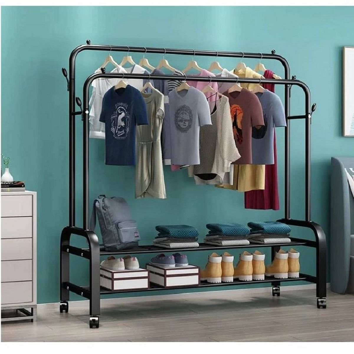 GENERICO - Perchero Colgador Doble Organizador de 2 Repisas con Ruedas Premiun