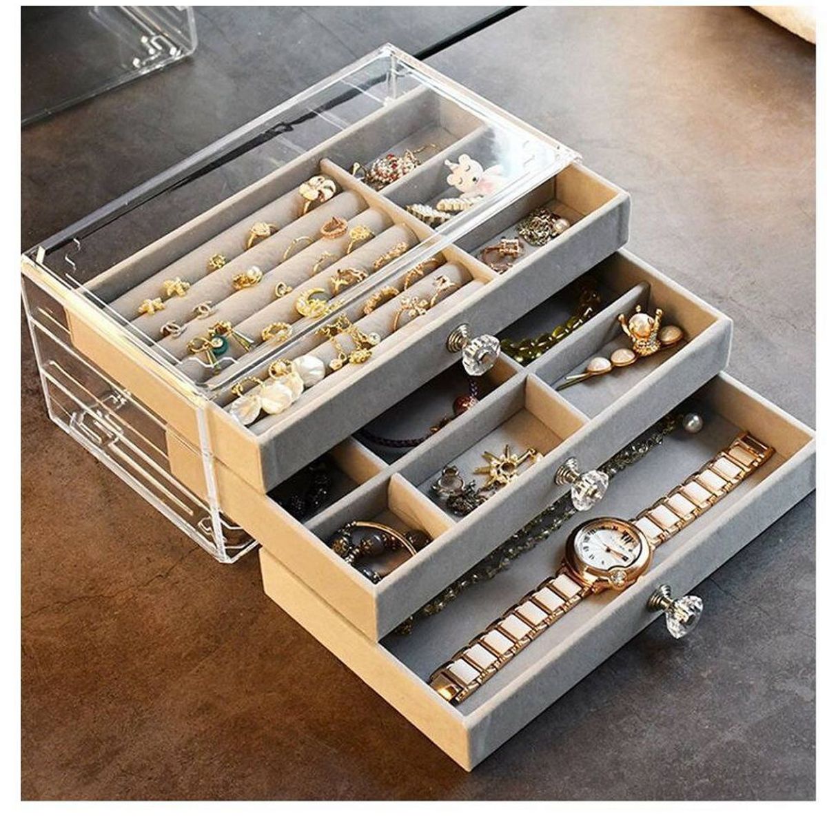 GENERICO - Joyero Organizador De Joyas Cofre Pulseras Relojes 3 Niveles Gris