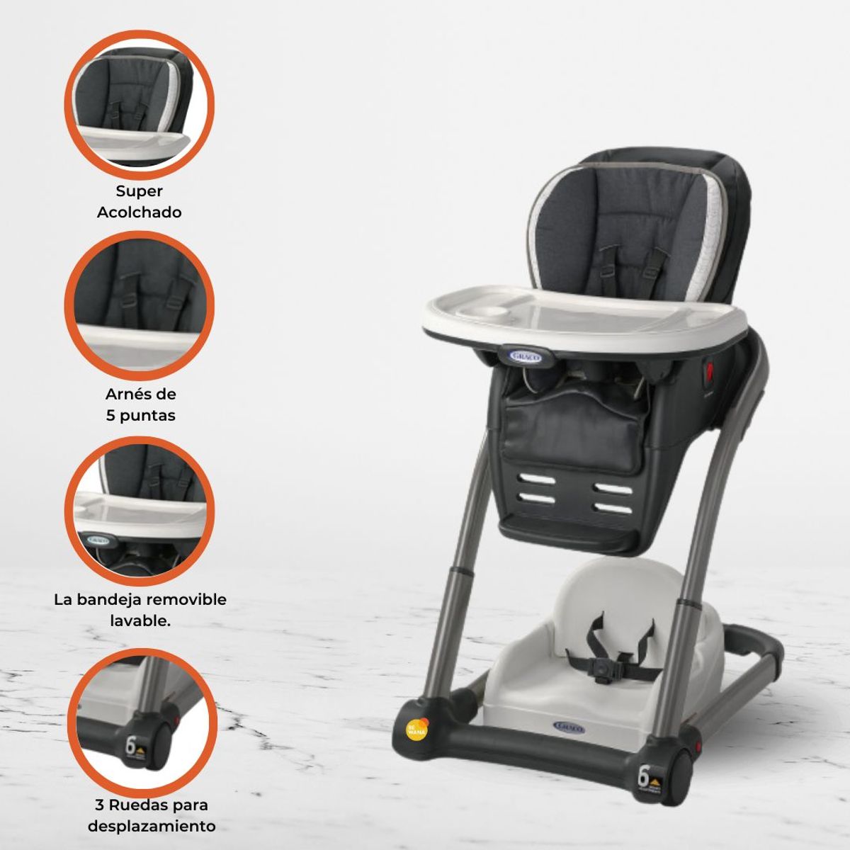 GRACO - Silla de Comer Graduable 6 en 1 «BLOSSOM REDMOND» Marengo