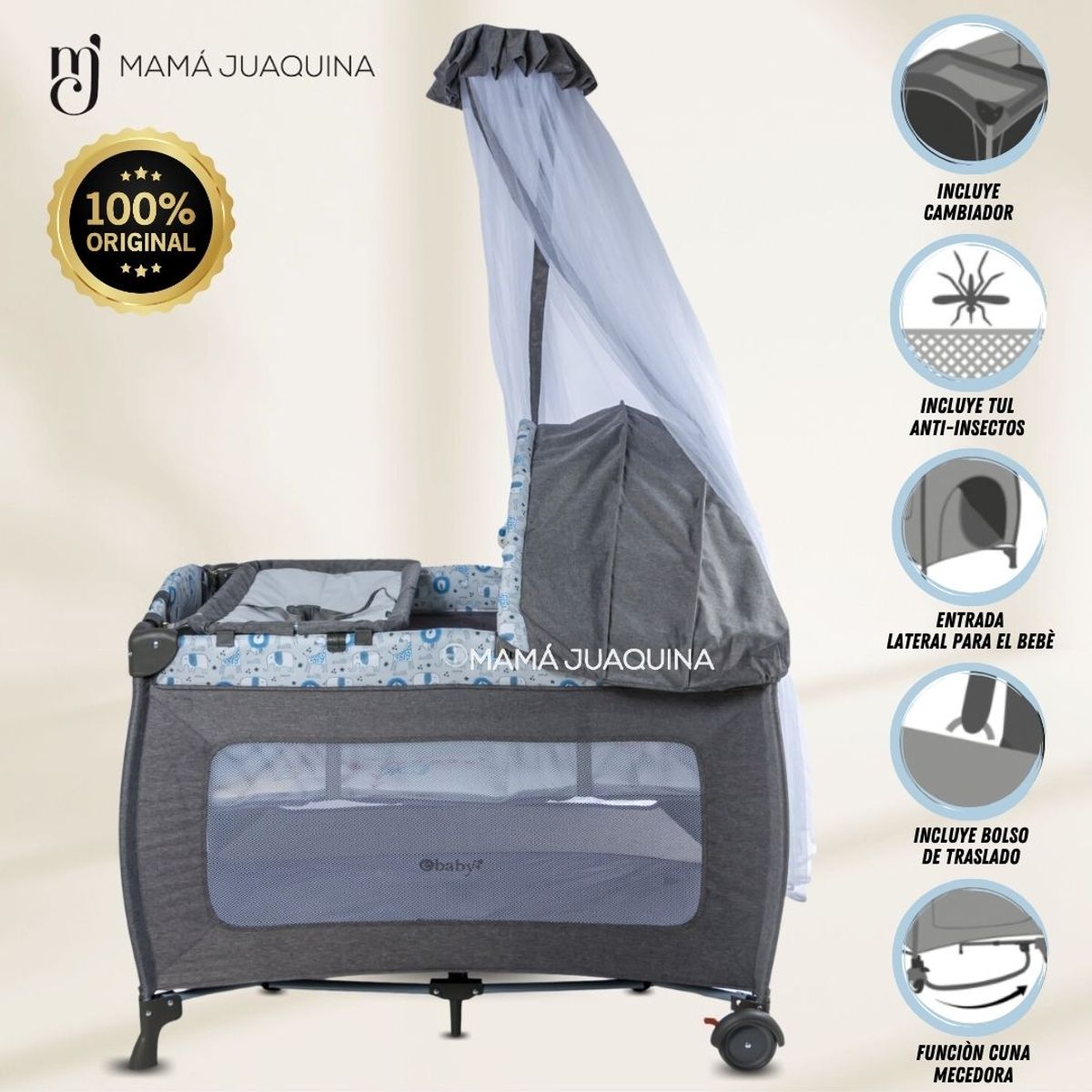 EBABY - Cuna Corral de Lujo «KENDALL» Edición Limitada Gray-Blue
