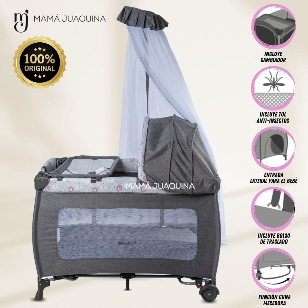 EBABY - Cuna Corral de Lujo «KENDALL» Edición Limitada Gray-Pink