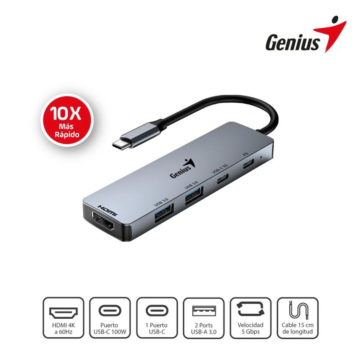 GENIUS - Hub USB-C Genius UH-500 2 USB-A 3.0 / 1 USB-C / 1 DMI 4k 100w Silver
