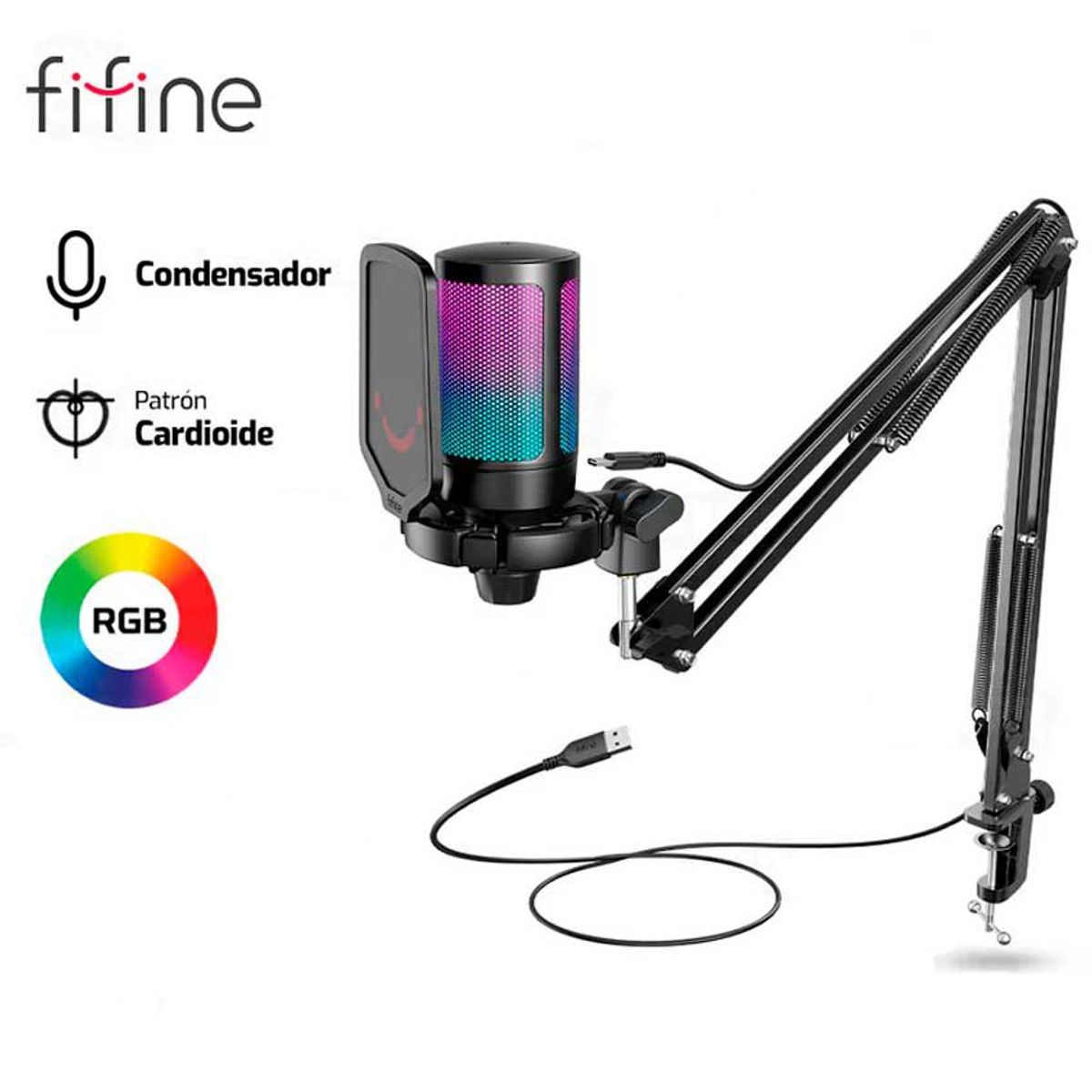 FIFINE - MICROFONO FIFINE A6T + BRAZO RGB CONDENSADOR NEGRO