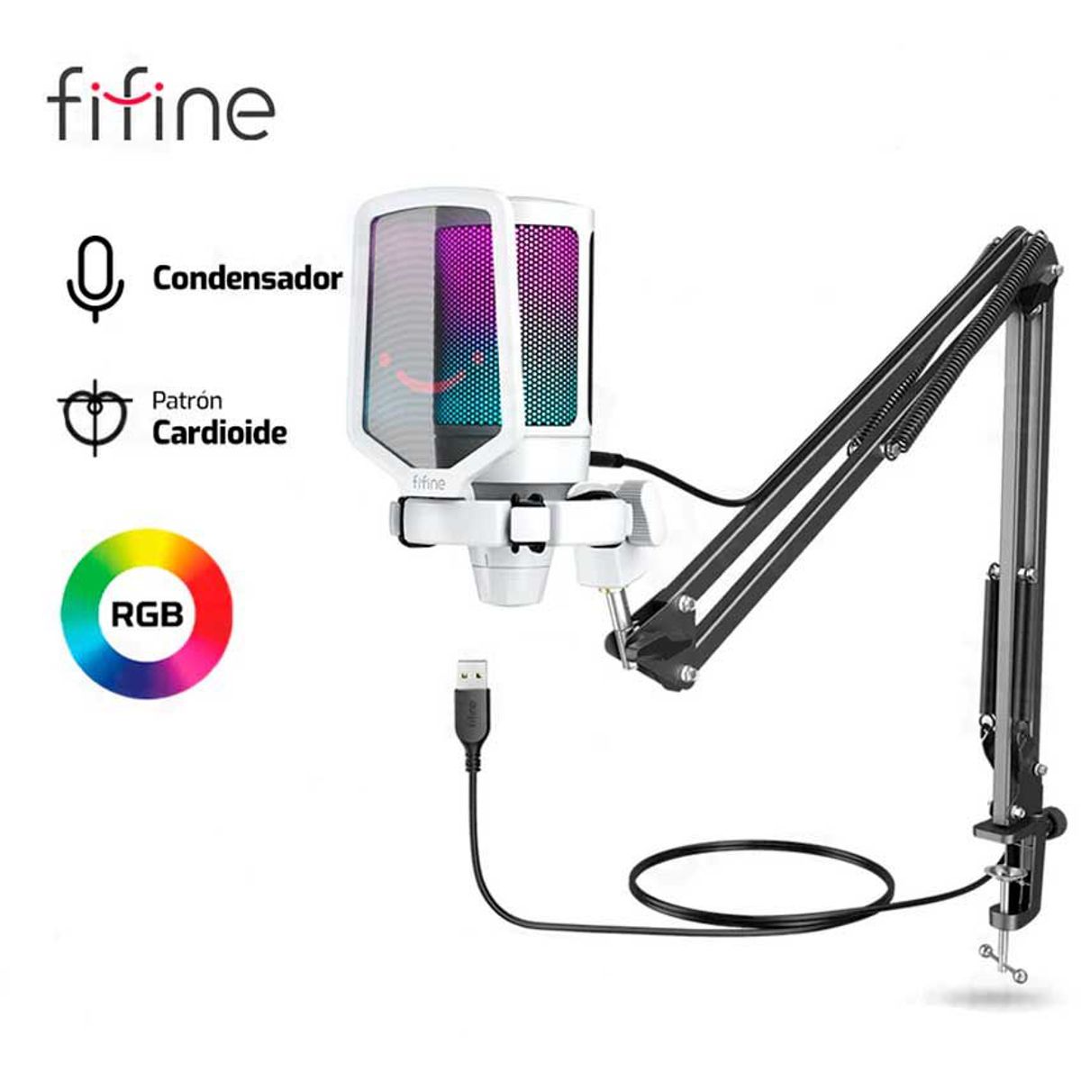 FIFINE - MICROFONO FIFINE A6T + BRAZO RGB CONDENSADOR BLANCO