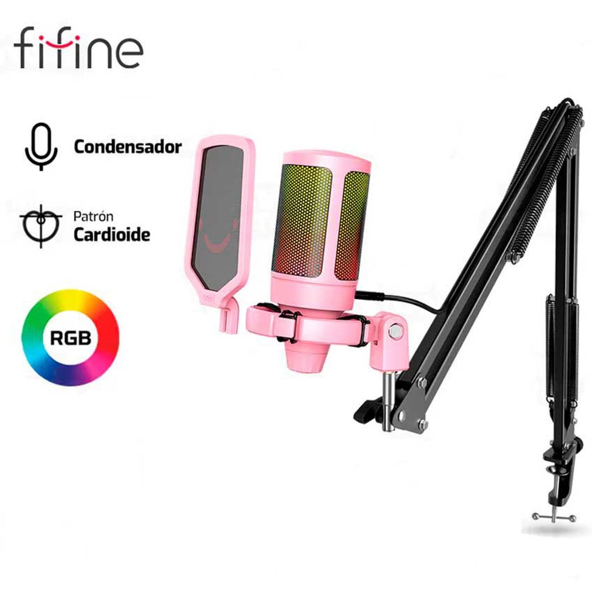 FIFINE - MICROFONO FIFINE A6T + BRAZO RGB CONDENSADOR ROSADO