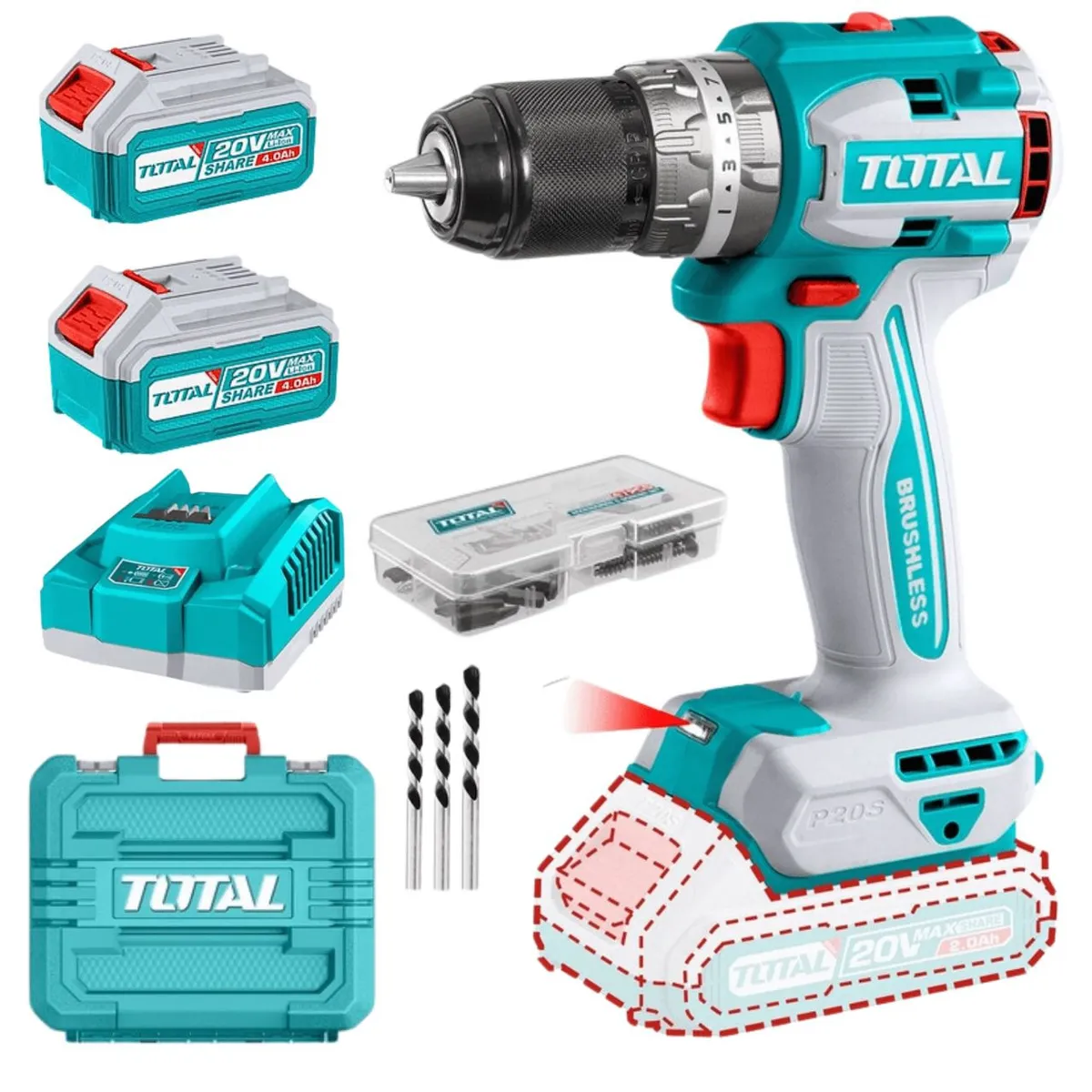 TOTAL TOOLS - TALADRO ATORNILLADOR PERCUTOR  1/2 20V BRUSHLESS INALÁMBRICO TOTAL