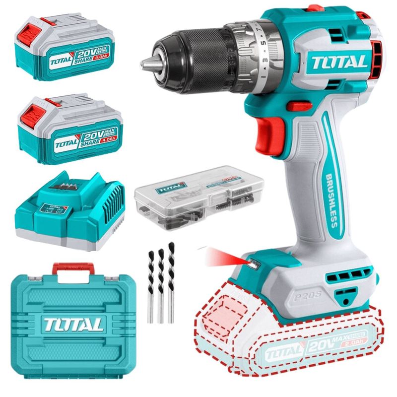 TOTAL TOOLS - TALADRO ATORNILLADOR PERCUTOR  1/2 20V BRUSHLESS INALÁMBRICO TOTAL