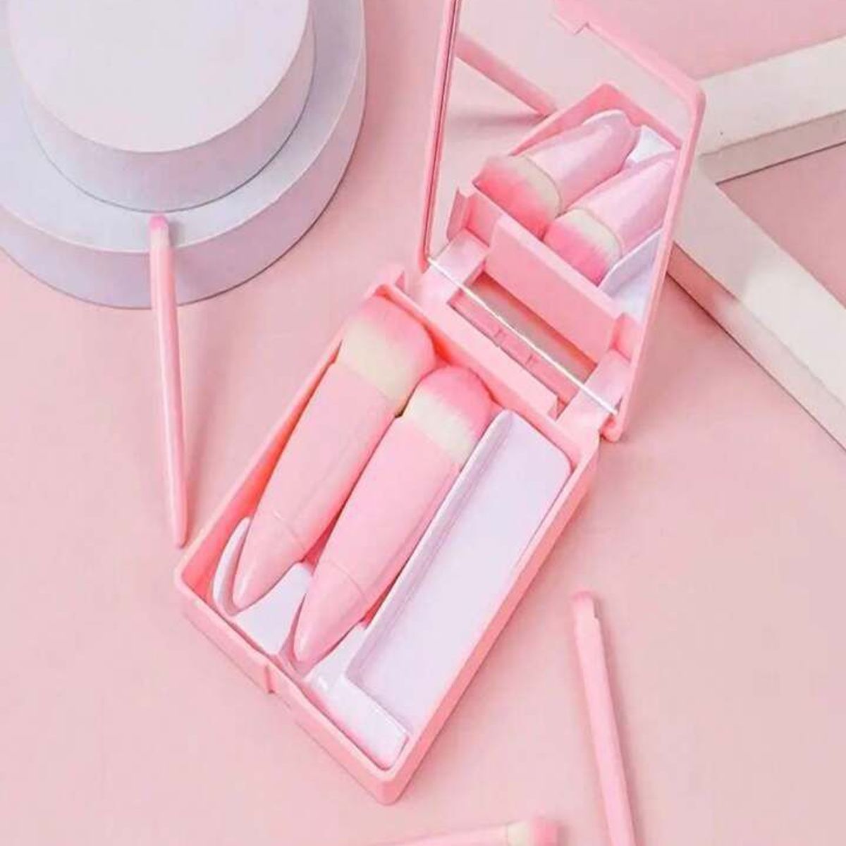 GENERICO - Juego de 5 Mini Brochas con Estuche y Espejo - Rosado