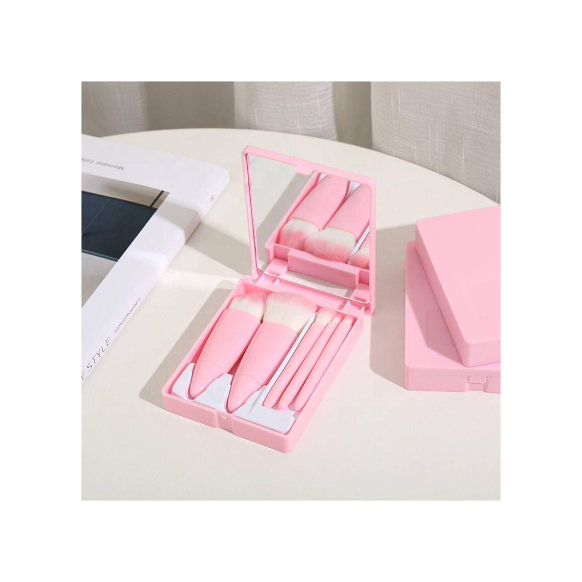 GENERICO - Juego de 5 Mini Brochas con Estuche y Espejo - Rosado