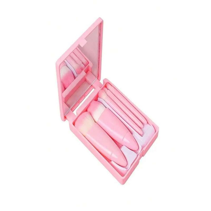 GENERICO - Juego de 5 Mini Brochas con Estuche y Espejo Rosado