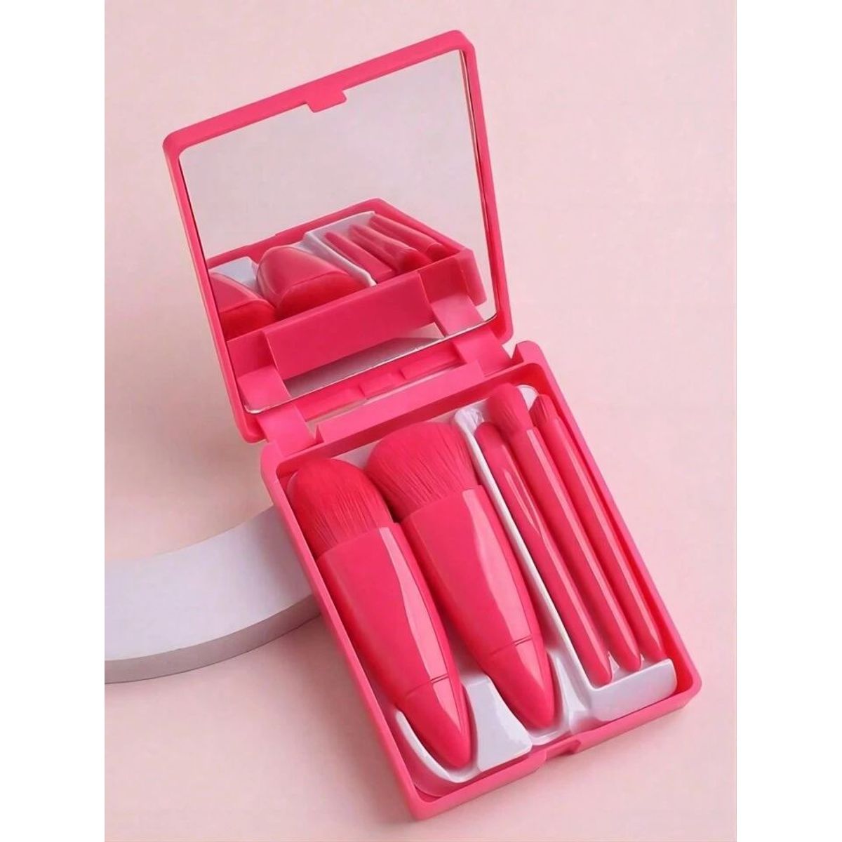 GENERICO - Juego de 5 MINI brochas de cartera con estuche y espejo Fucsia