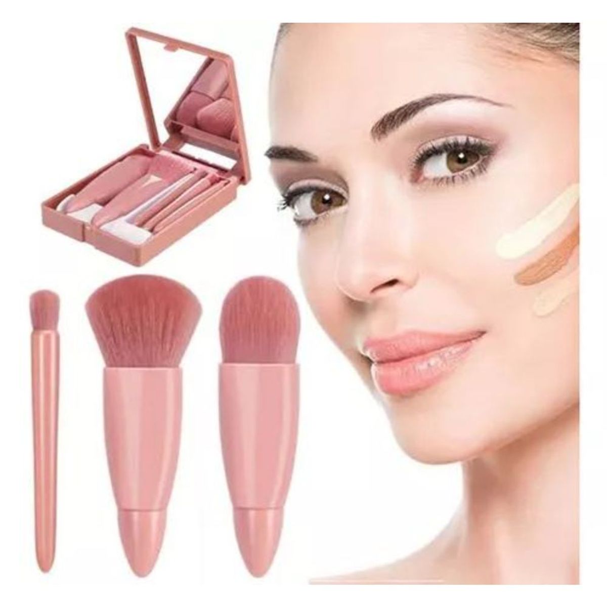 GENERICO - Juego de 5 Mini Brochas de Cartera con Estuche y Espejo Nude