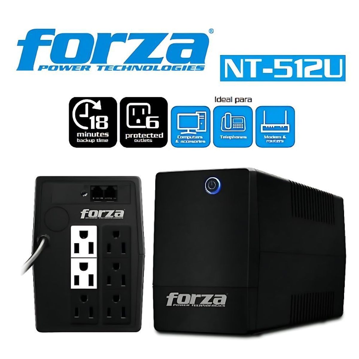FORZA - UPS FORZA 250W 6 TOMAS 500VA NT-512U RJ11 NEGRO
