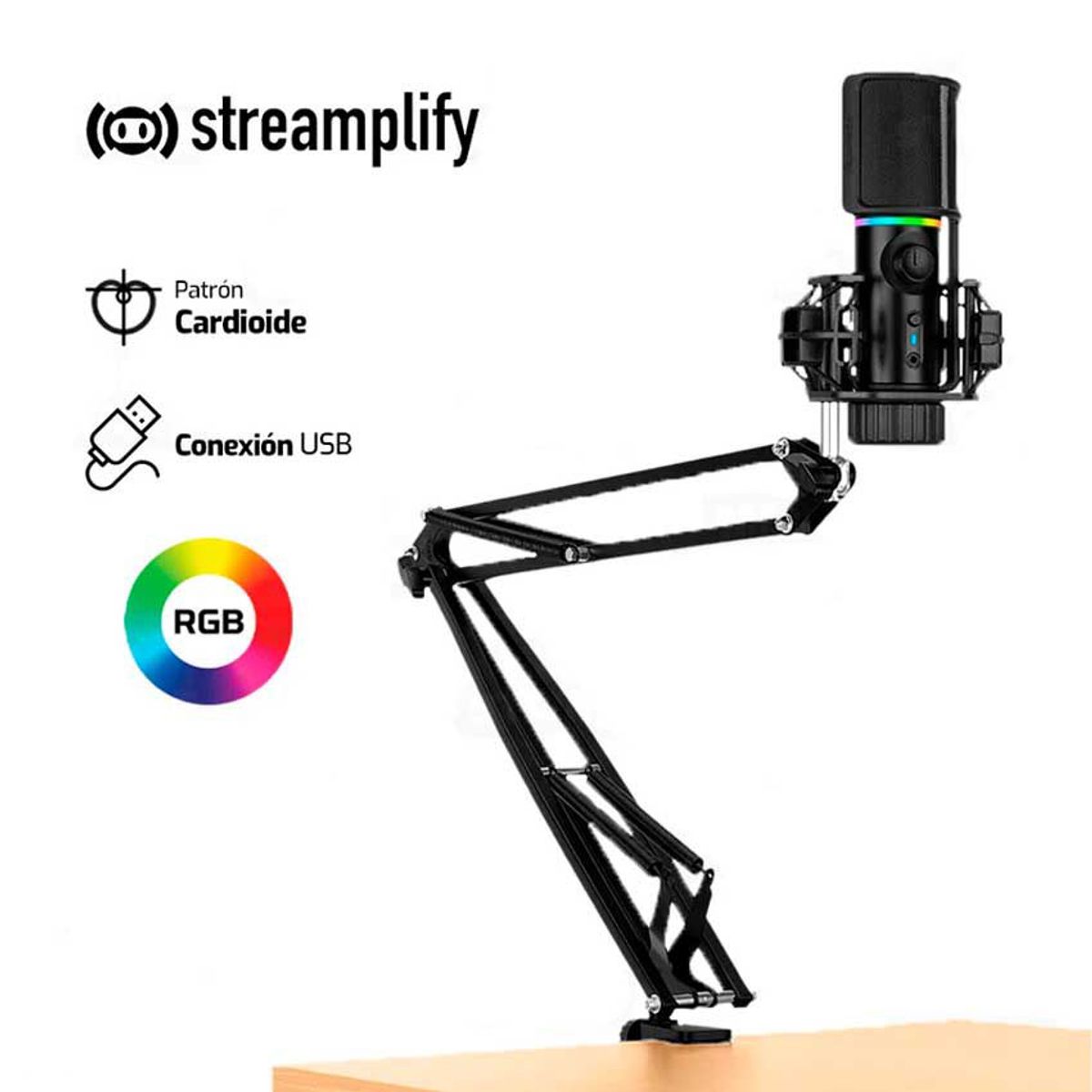 STREAMPLIFY - MICROFONO STREAMPLIFY + BRAZO MIC-48-RGB-MA-BK USB RGB
