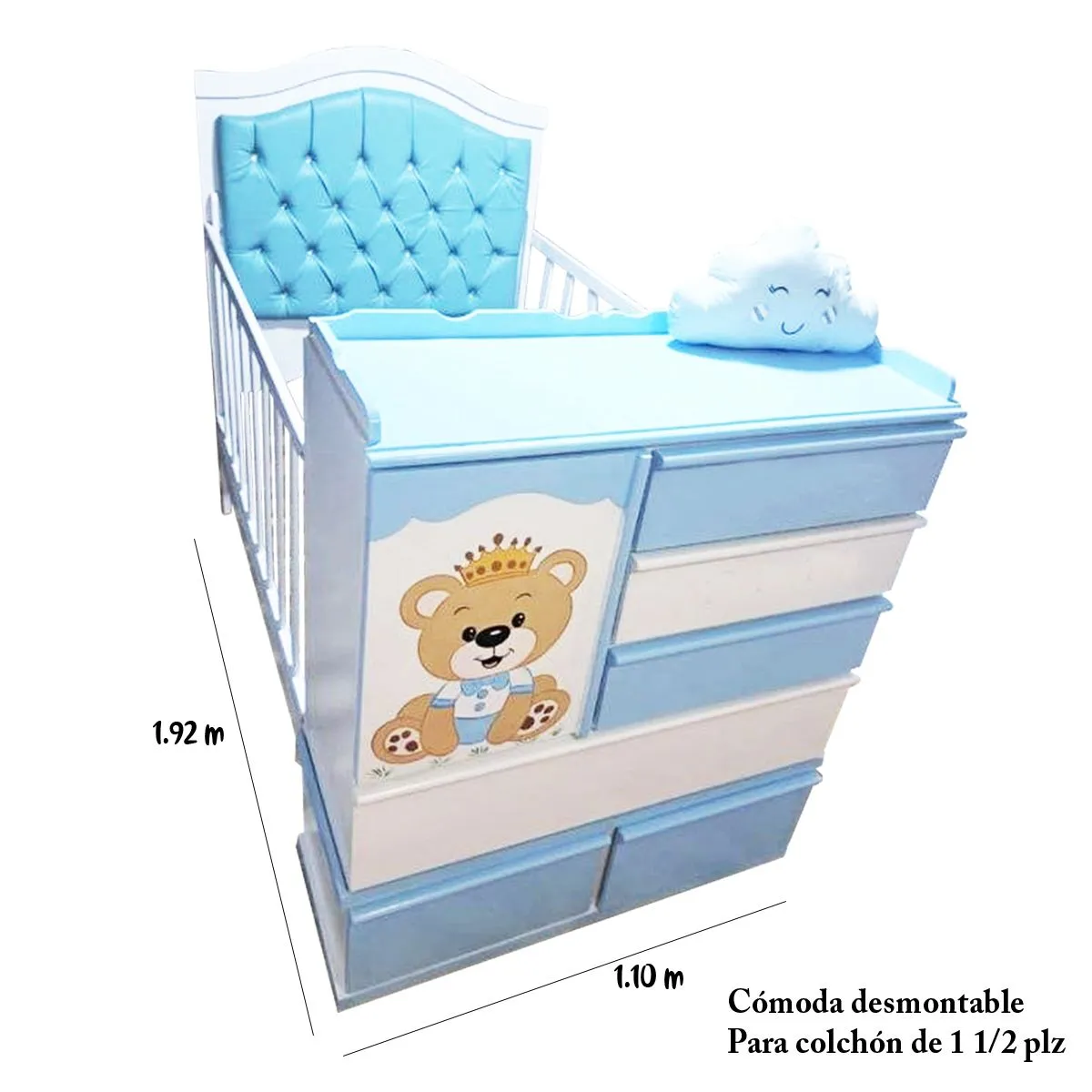 GENERICO - Cama Cuna de Plaza y Media con Cómoda Desmontable oso rey