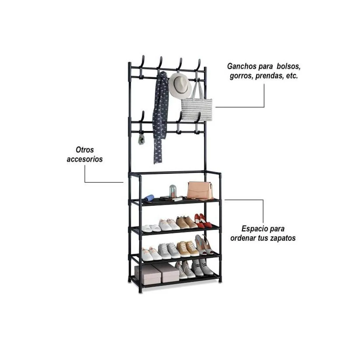 GENERICO - Estante Zapatero con Perchero Multiusos 4 niveles Negro