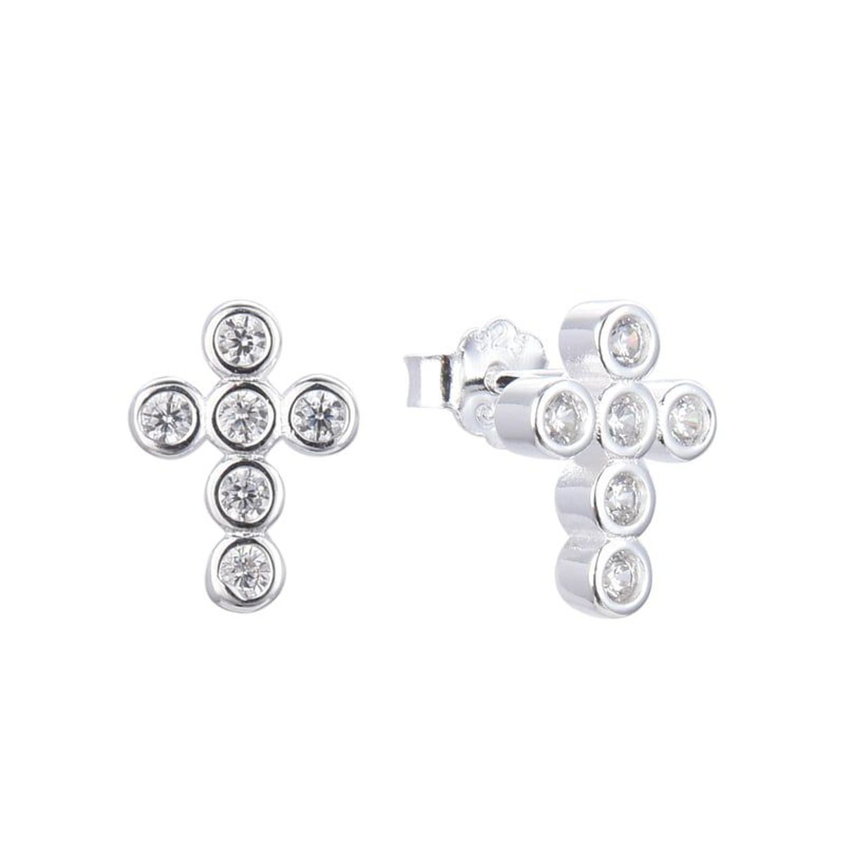 SANTORAL - Aretes Mini en Forma de Cruz con Cristales - Plata