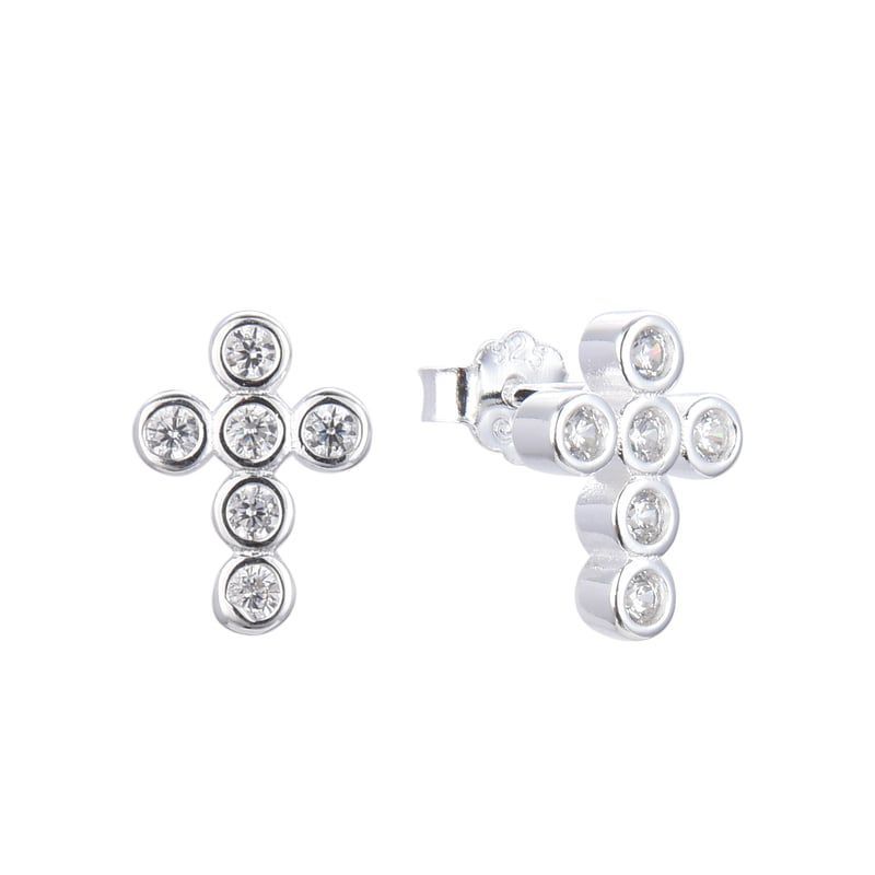 SANTORAL - Aretes Mini en Forma de Cruz con Cristales - Plata