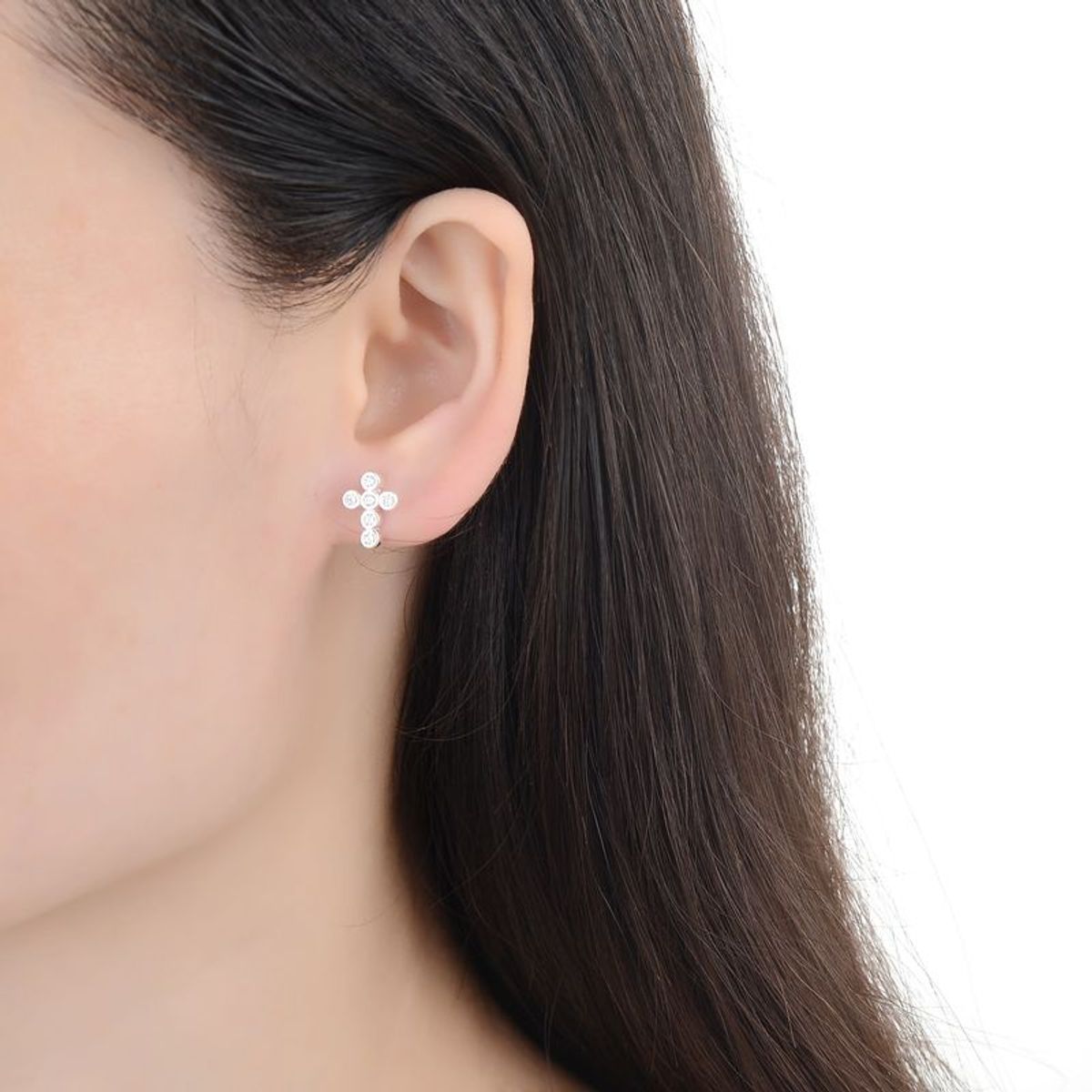 SANTORAL - Aretes Mini en Forma de Cruz con Cristales - Plata