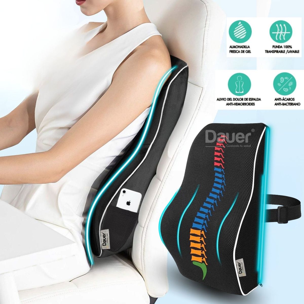 DAUER - Cojín Respaldar Lumbar Ergonómico en Viscoelástico Gel Tech + Bambu