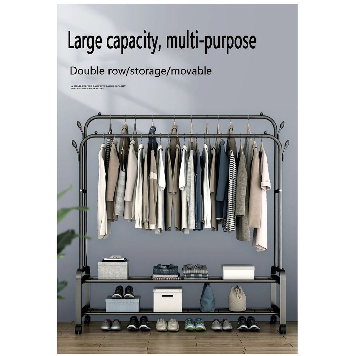 GENERICO - PERCHERO COLGADOR DOBLE ORGANIZADOR DE 2 REPISAS CON RUEDAS PREMIUM