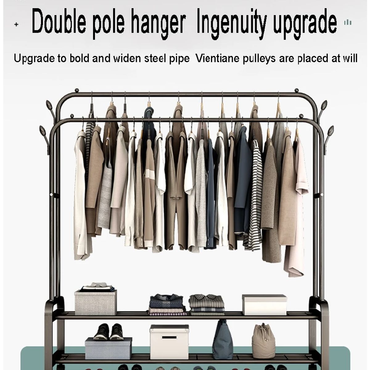 GENERICO - PERCHERO COLGADOR DOBLE ORGANIZADOR DE 2 REPISAS CON RUEDAS PREMIUM