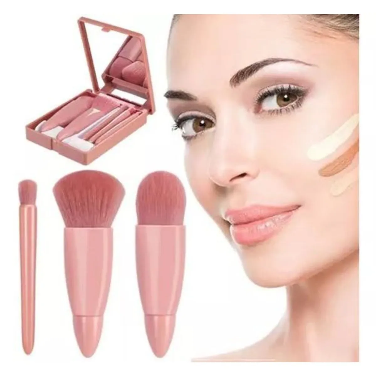 GENERICO - Set x 5 Mini Brochas con Estuche y Espejo para Cartera - Nude