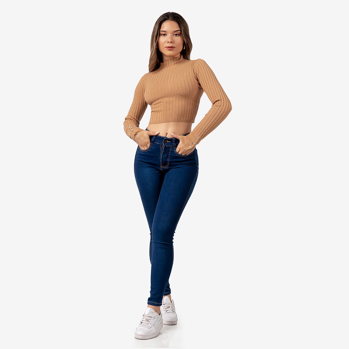 INDEMA - Chompa Crop Cuello Alto de Cashemira Color Camel