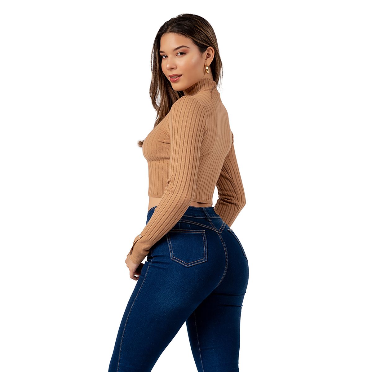 INDEMA - Chompa Crop Cuello Alto de Cashemira Color Camel