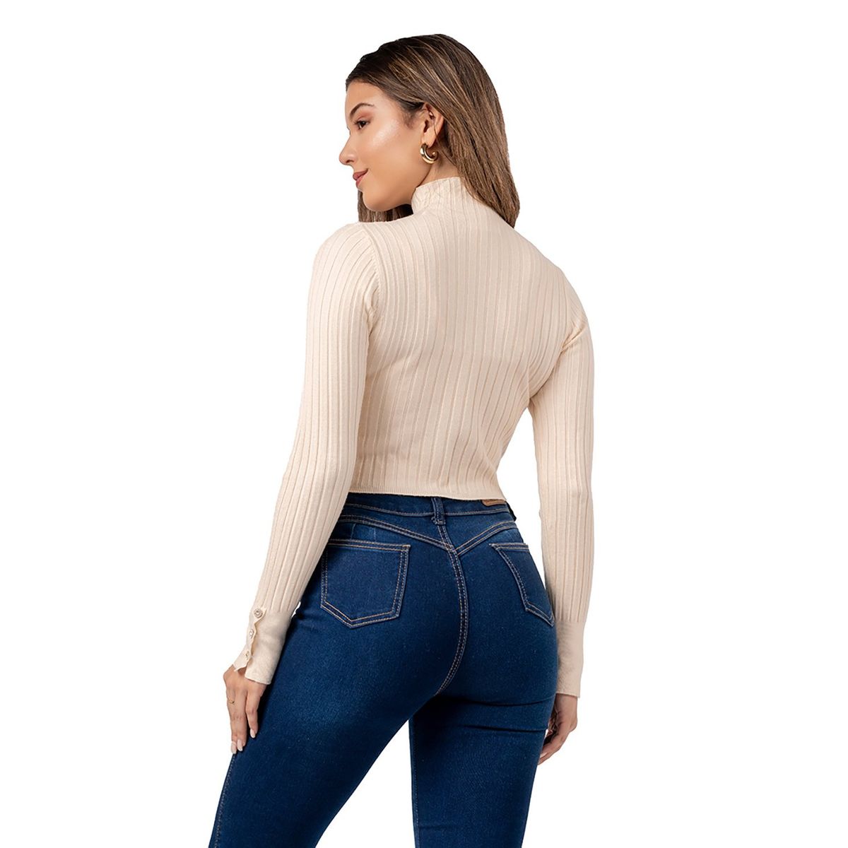 INDEMA - Chompa Crop Cuello Alto de Cashemira Color Crema